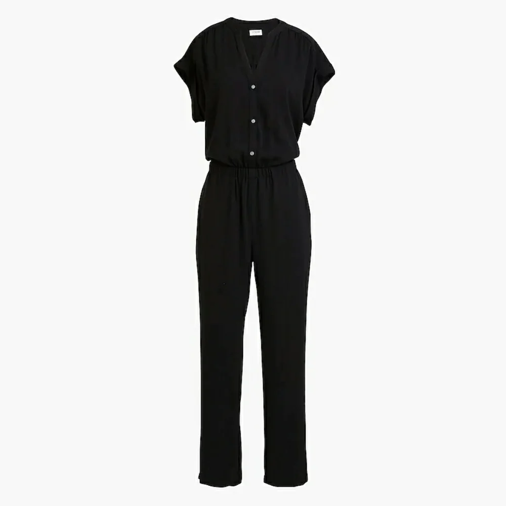 J. Crew Size 8 Black Cuffed Short Sleeve Button Camp-Shirt Jumpsuit with Pockets